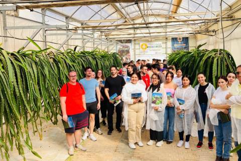 Los estudiantes de Agrónomos, junto a cultivos de pitaya en NGS.