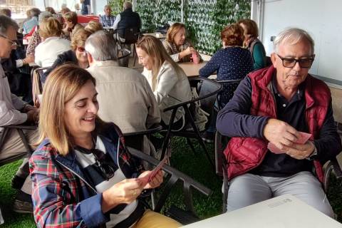 Mayores jugando al mus y, con el vicerrector de Estudiantes, al dominó, esta mañana.