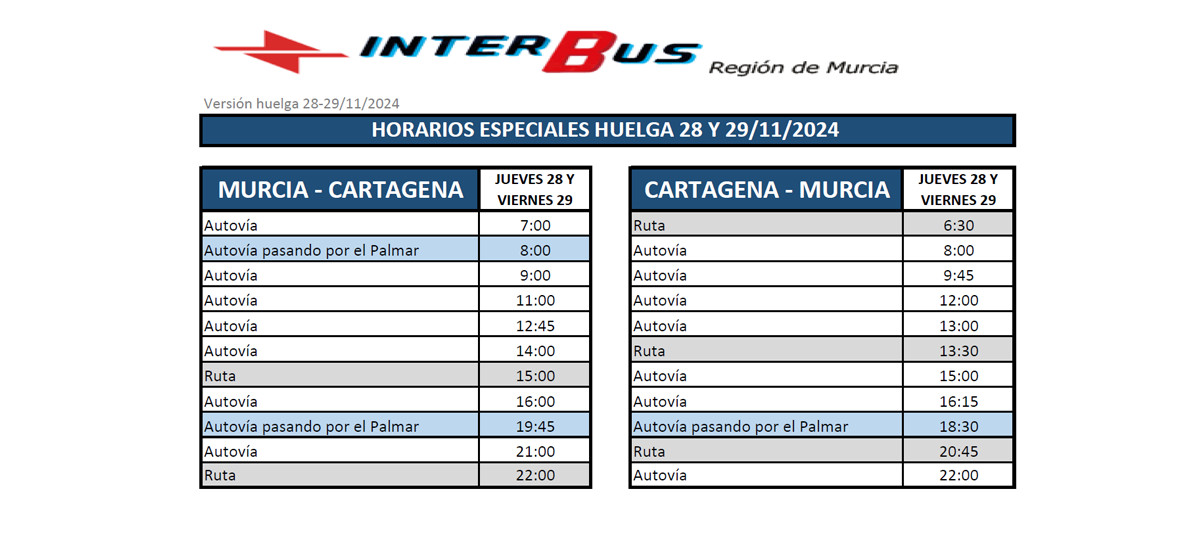 Horario especial del autobús Murcia-Cartagena este jueves y viernes por la huelga del sector de transporte de viajeros por carretera